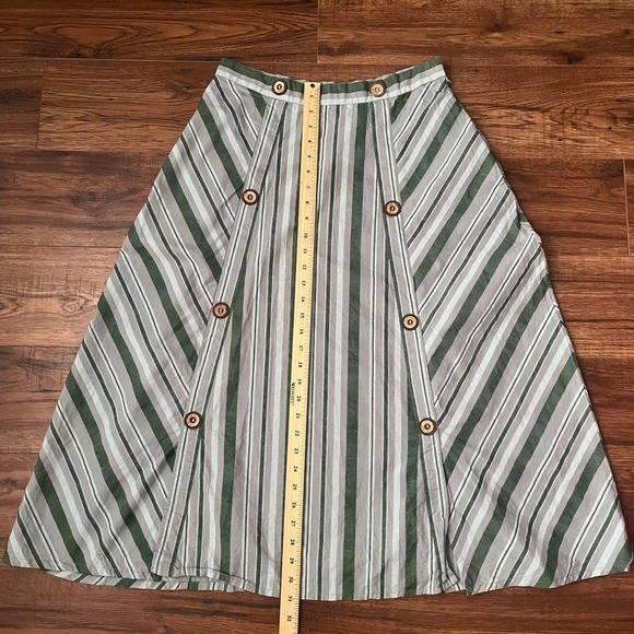 Green Striped 100% Cotton Midi Skirt Wood Buttons Women Large Boho Fairy Cottage - Picture 4 of 8